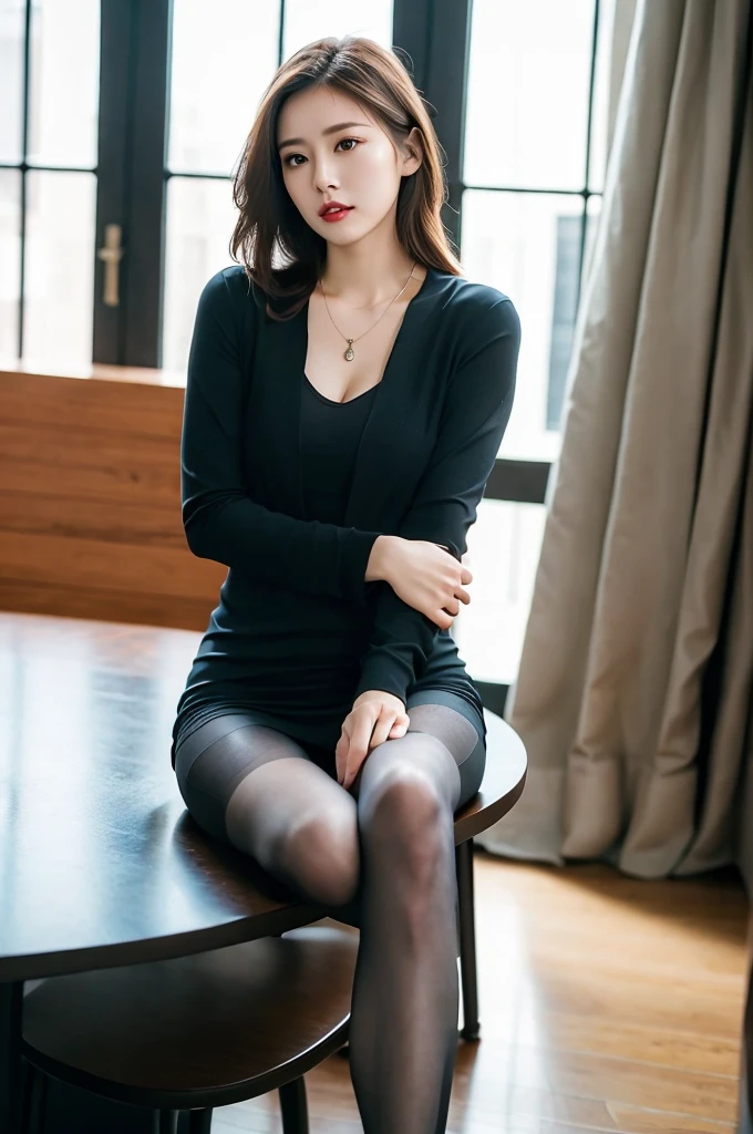 ((Realistic lighting, Highest quality, 8K, masterpiece:1.3)), A beautiful widow in an elegant black dress, Wearing a black jacket、 (Wearing ultra-realistic pantyhose)、Elegant pearl necklace、Ephemeral expression、Funeral、Lonely、sad、Ephemeral、My heart sinks、With tears、