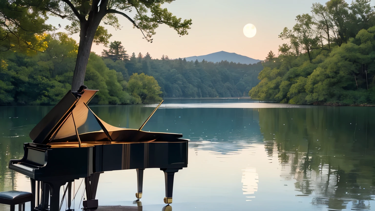A sweet-looking man with slightly messy light brown hair and blue eyes sits at an elegant black piano placed at the edge of a tranquil lake. He is wearing a loose white shirt with sleeves rolled up to his elbows and cream-colored trousers. The light of the full moon reflects off the surface of the lake, creating a magical silver shimmer. Around him, small candles are lit and paper lanterns hang from the trees, providing a warm and romantic atmosphere. The man plays the piano with deep emotion, his fingers gently dancing over the keys, creating a heartfelt melody. The scene at the lakeside feels peaceful and enchanting, as if time has paused for a moment to savor the beauty of the music and nature