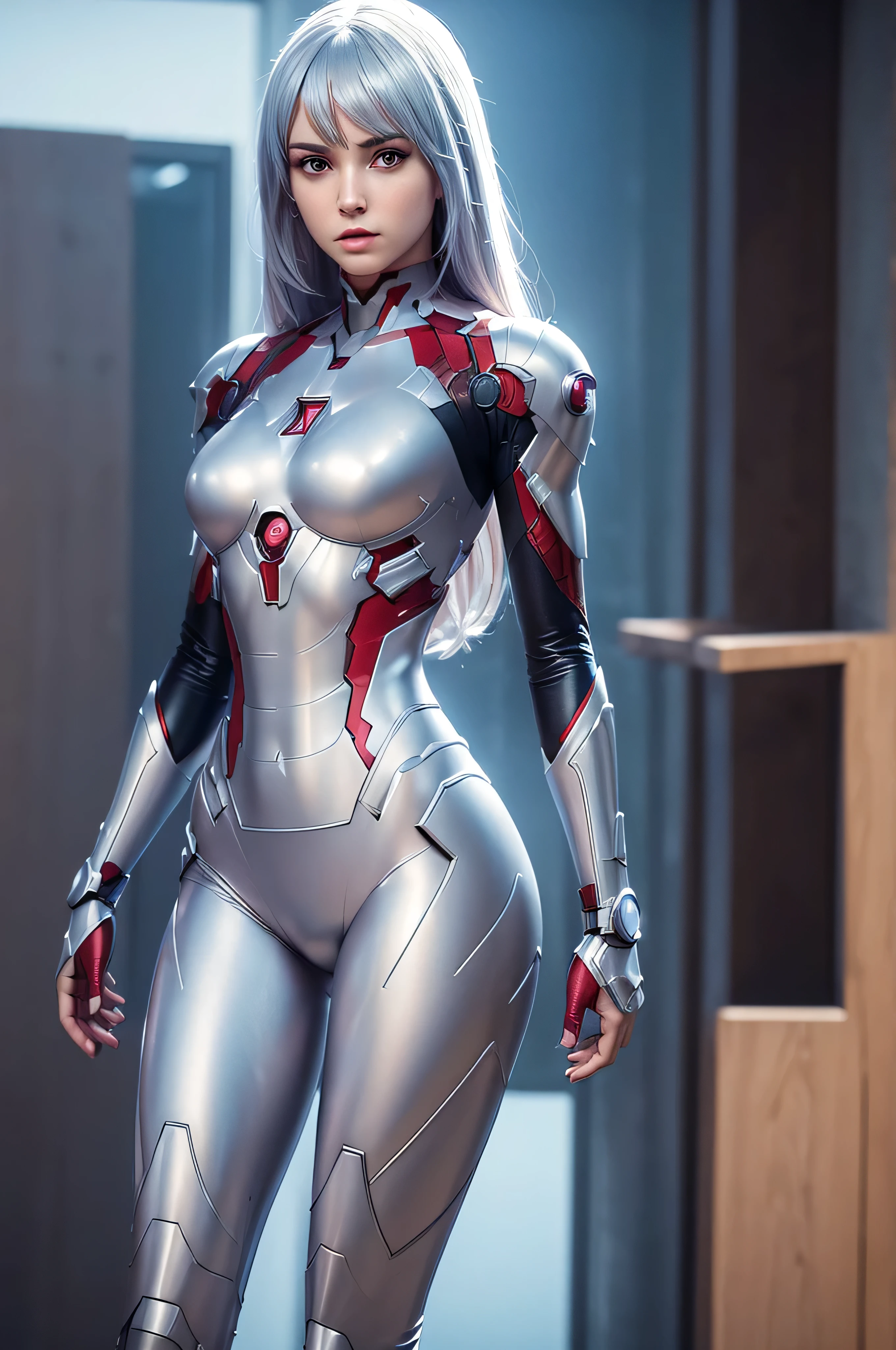 ((masterpiece, 8K, 3D, Realistic, Super Detail)), (1girl:1.3), slender 16 age, Ultra Micro photography, Shailene Woodley Super realistic, Perfect face, 16K resolution, 4k resolution, The photo was taken from the Front, facing to the photographer, Foreground photo, dynamic lighting, posing on a pedestal, high-definition resolution, Beautiful features, ((Perfect female Model Slim body)) Beautiful features, Standing pose, ((small hip)), (((2 piece Hotpants-Bikini))), Sci-fi futuristic, ((Iron man armor)) ((bionic Fragmented Super Girl chest armor suit)), ((Exposed slim thighs)), wear mesh metal-stockings, ((slim thighs)), ((bionic Slim thighs Spider man armor)), Front Full body Shot, full body portrait, perfect legs, Iron Man shoes, futuristic city background