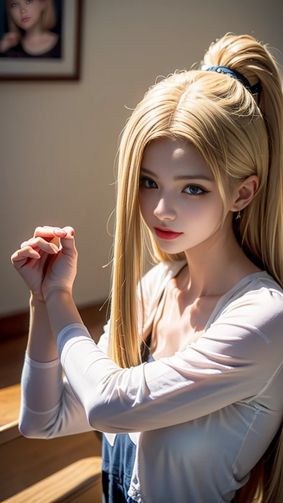 A woman taking a photo wearing an oversized white T-shirt, Gym pants that are barely visible, Large Breasts, Wearing her boyfriend's clothes, Loungewear, Sloppy, Wrinkles in clothes, Blonde Goddess, Anime Cosplay, Anime characters; Full Body Art,