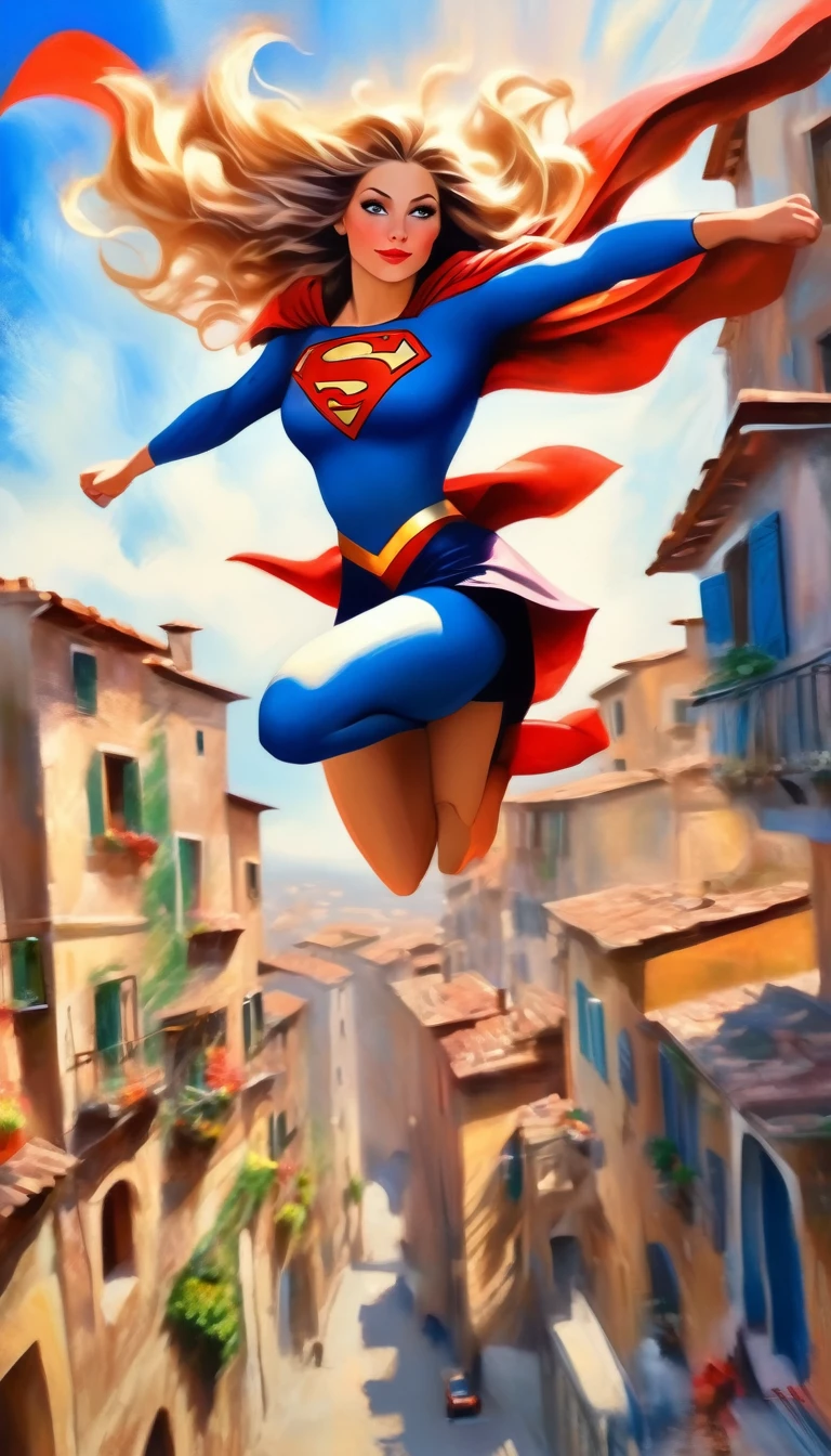 a beautiful supergirl flying over a picturesque italian city, oil painting, high detailed face, long wavy hair, dynamic pose, blue sky, cityscape with colorful buildings, vintage style, rich colors, dramatic lighting, impressionistic brushstrokes, masterpiece, ultra-detailed, 8k, hyperrealistic
