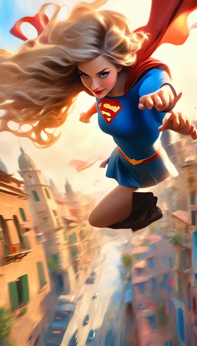 a beautiful supergirl flying over a picturesque italian city, oil painting, high detailed face, long wavy hair, dynamic pose, blue sky, cityscape with colorful buildings, vintage style, rich colors, dramatic lighting, impressionistic brushstrokes, masterpiece, ultra-detailed, 8k, hyperrealistic
