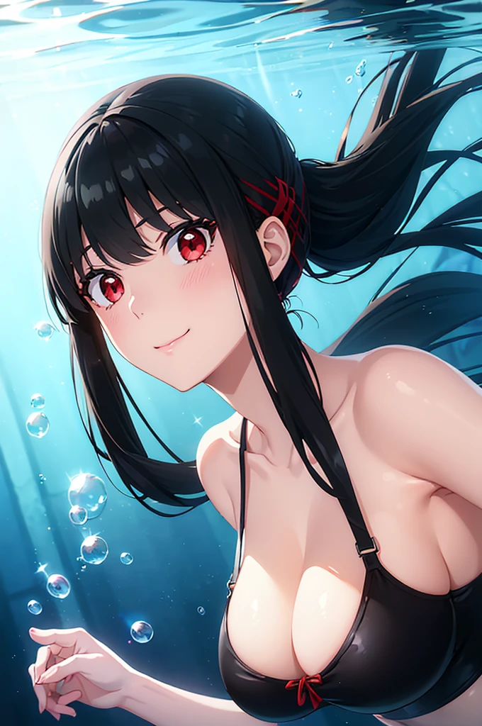 ((best quality)), (ultra-detailed), ((extremely detailed)), (beautiful), ((kawaii girl)), (black:1.3) hair, red (colored inner hair:1.2), long hair, straight hair, swept bangs, asymmetrical bangs, hair intakes, ahoge, kind smile, red eyes, medium large breasts, BREAK, 比基尼, beautiful scenery, underwater, water drop, dynamic lighting, light particle, sunlight, shadow, (air bubble:1.2), reflection, extremely detailed CG unity 8k wallpaper,White hair band、Red eyes、Black Hair、Yor Briar、smile、Bubble、Floating、るBubble、dive、One girl、Swimwear、undersea、diving、dynamic、Blow a kiss to the camera、kiss