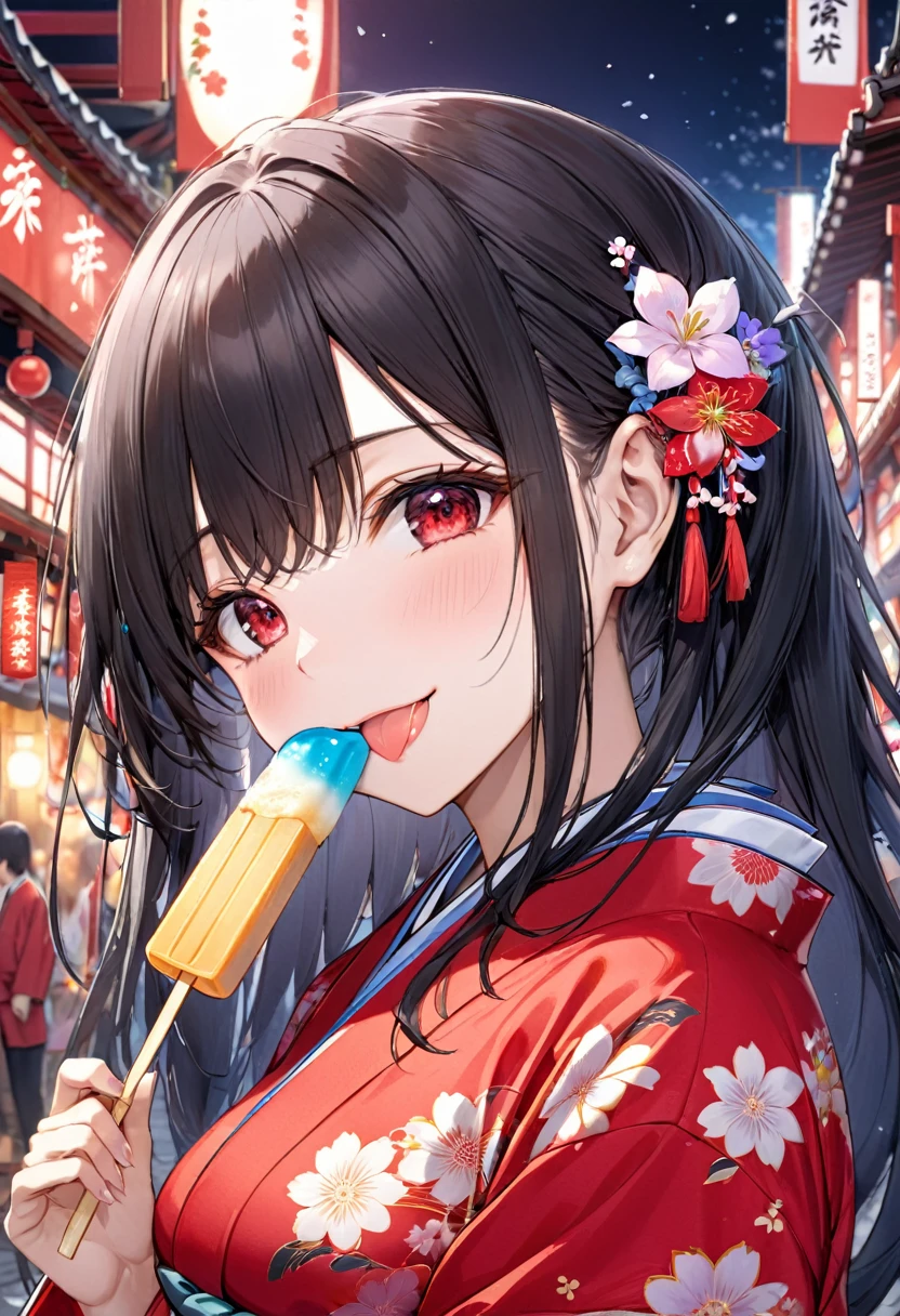 (frontale pov, Stretching out sexy tongue, sexy kiss and Lick:1.2 a popsicle) (solo:2, 18 yo straight black hair long hair cool dominance girl, detailed cool red eyes, love smile, big tits), (in a cute yukata), break, (in the night Japanese festival venue), BREAK, perfect anatomy, masterpiece, best quality, 16k, beautiful detailed hot, daydreaming expression.