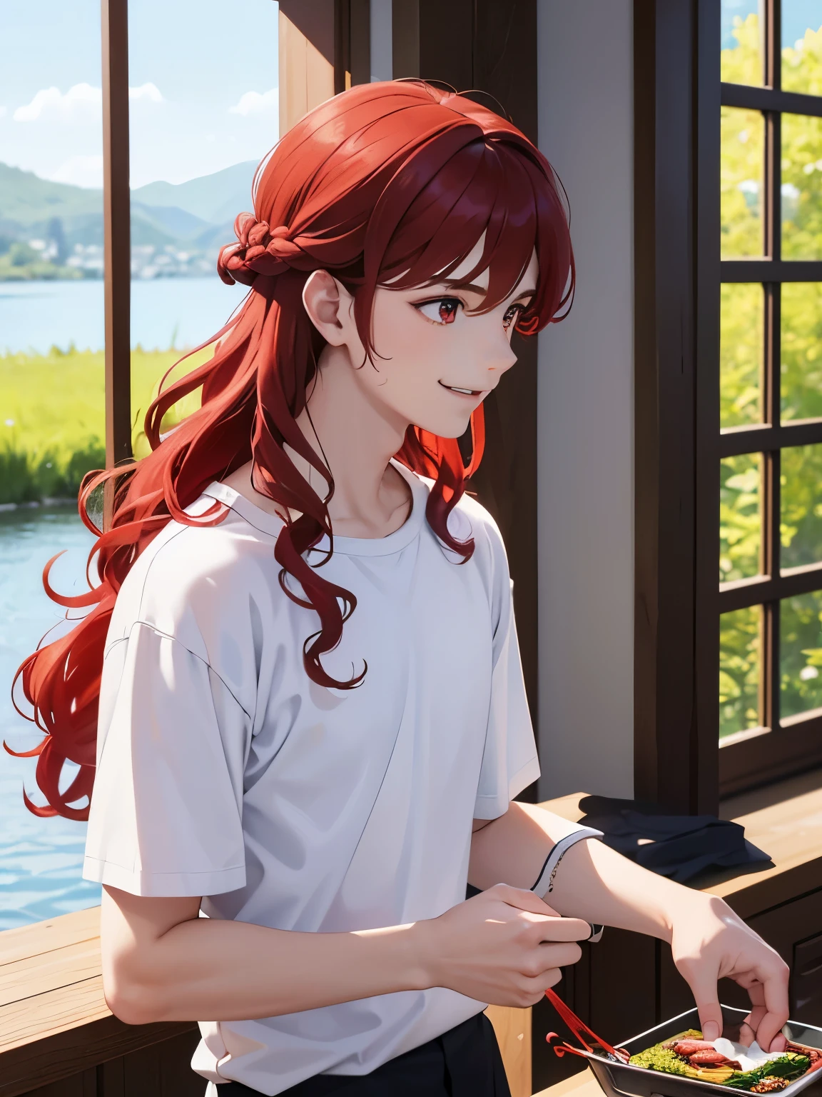 1boy,18 years old,Cooking by the lake,smile,Facing right, camera angle from the side, photo from the side, middle parted hairstyle,talking,Curly hair, red hair, red eyes, long hair, vampire, handsome,,close up photo,White t-shirt,Short sleeve t-shirt,,black trousers, looking away