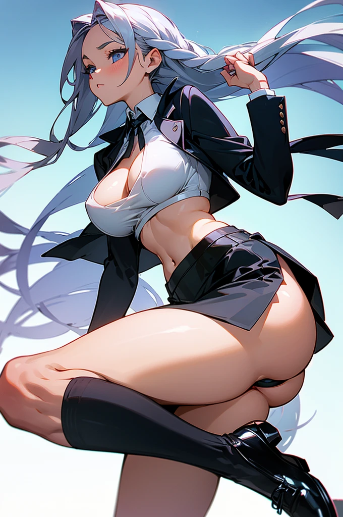 1girl, silver colored double massive braids, blue eyes, big breasts, big butt, thick thighs, tight white crop top which exposes her midriff with an unbuttoned black formal suit, very short black tennis skirt which is pulled down to hide her private parts but exposes her ass crack, black transparent socks, leather shoes, no bra, no panties, due to her suit being unbuttoned, her crop top and belly is exposed.