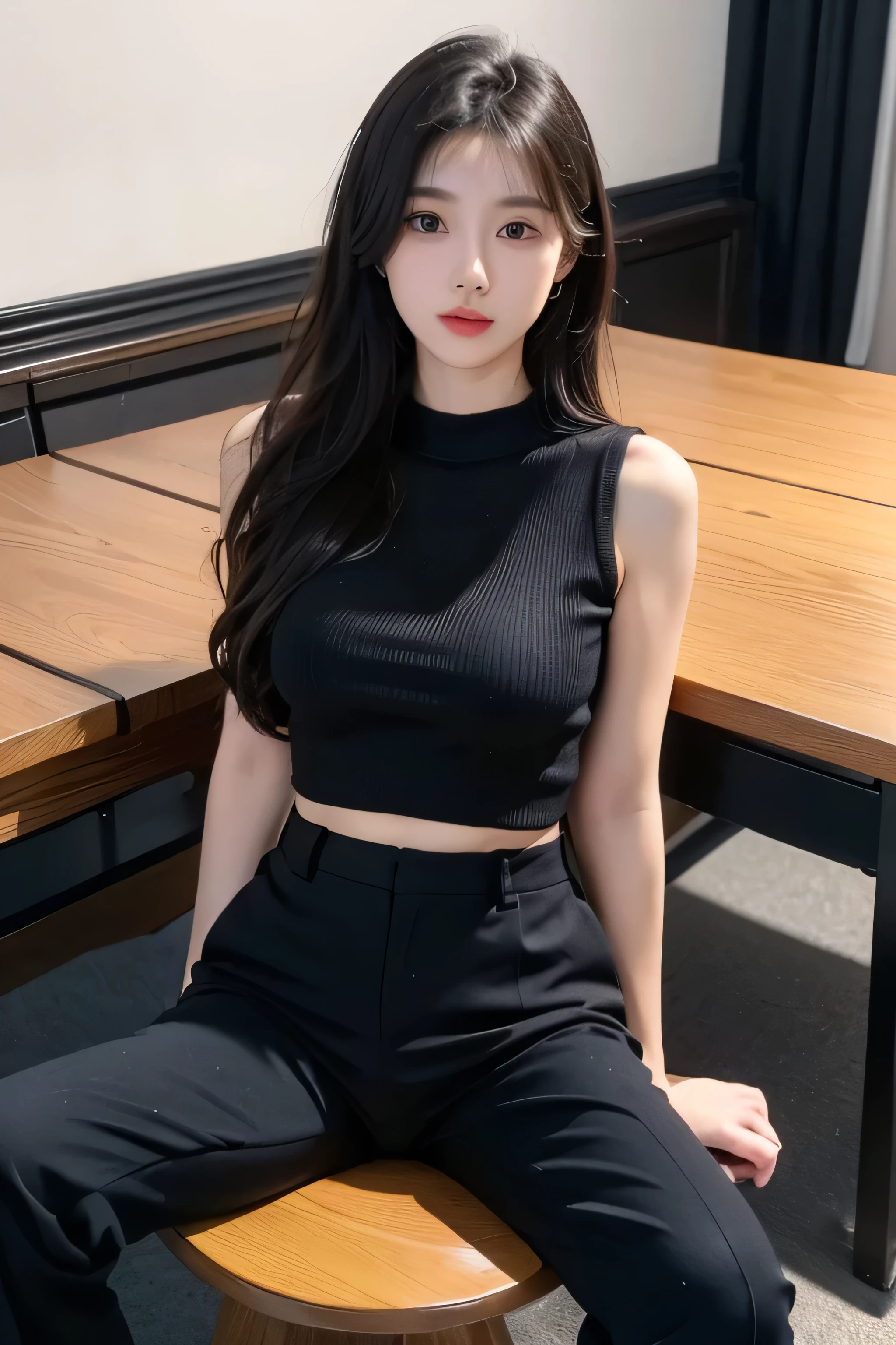 highly detailed face and body, ray tracing, 8k,  21 years old, model, tall, perfect body, passionate and cute look, long black hair, black eyes, office lady outfit, knitted top with long pants, small firm breasts, light skin, sitting on table, legs spread wide open