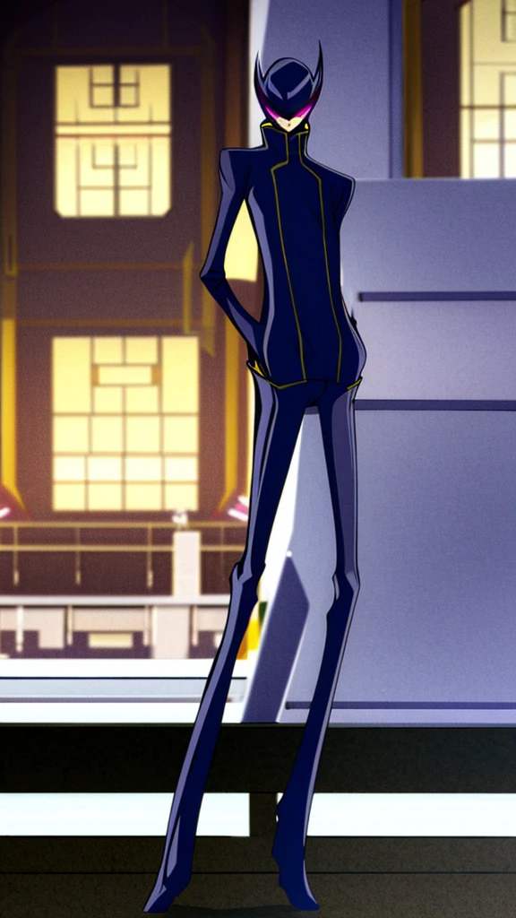 Male, teenager, vigilante, wearing dark clothes, a coat, and a mask, athletic build, hands in pockets, standing at attention, nighttime setting, lone figure, facing viewer, fully in frame, full body shot, Code Geass style, codeGeass, CODEGEASS