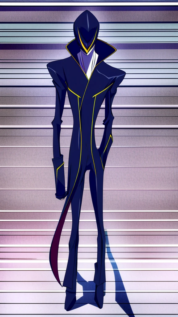 Male, teenager, vigilante, wearing dark clothes, a coat, and a mask, athletic build, hands in pockets, standing at attention, nighttime setting, lone figure, facing viewer, fully in frame, full body shot, Code Geass style, codeGeass, CODEGEASS