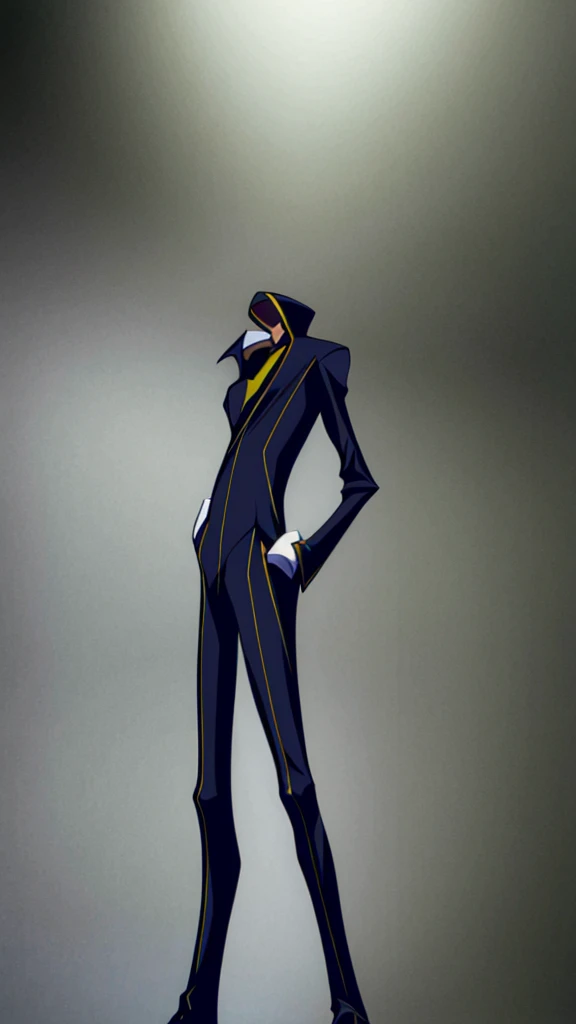 Male, teenager, vigilante, wearing dark clothes, a coat, and a mask, athletic build, hands in pockets, standing at attention, nighttime setting, lone figure, facing viewer, fully in frame, full body shot, Code Geass style, codeGeass, CODEGEASS