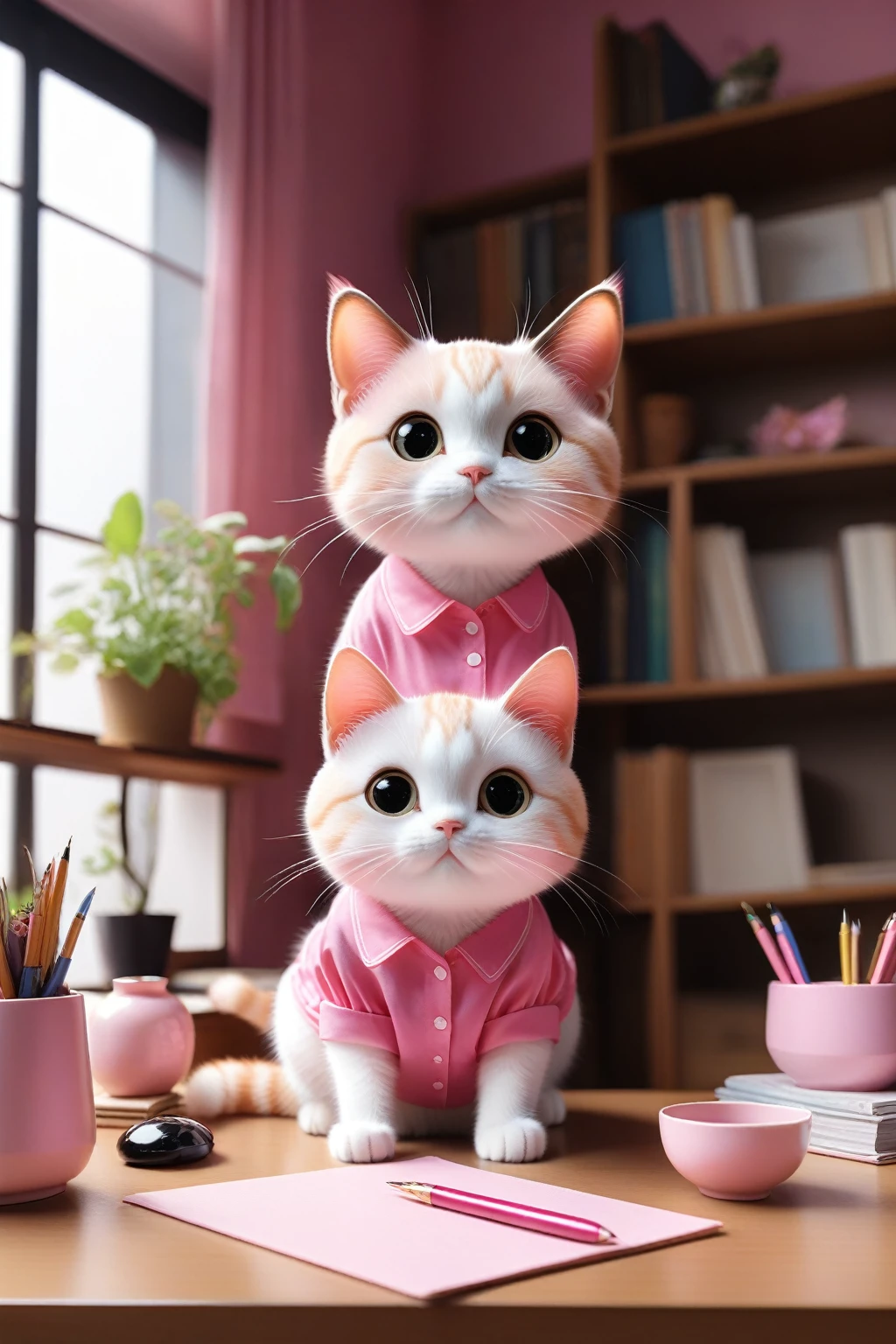 A cat in a pink blouse looking at me from across the desk、Cute Characters、Center composition、looking at the camera、