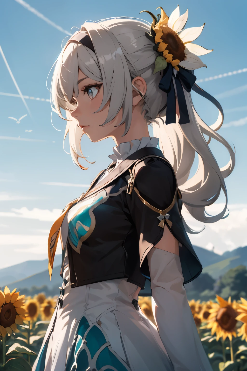 fireflydef,  dress, bow, hairband, hair ornament, grey hair fireflycus, hairband, hair ornament, grey hair, ponytail,
background, sunflower field

