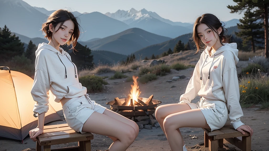 masterpiece, Imagine a 15-year-old girl., Short red messy hair, Very white skin, Bright green eyes, freckles, Beautiful teenage girl camping in the mountains sitting on the ground near the campfire, ((Wearing a white hoodie, Wearing very short, tight white shorts)), Hiking shoes, Outdoor, The body is slim, Thin face, Small breasts, belly button, Tent in the background, sitting by the campfire, The body is slim, Narrow waist, Small breasts, Skinny Teen, Thin legs, Cold wave, Grin, Happy girl, The body is slim and face, clean shot, There is only one campfire in the photo., Nikon Z8 + NIKKOR Z 24-120mm f/4S, (night time, 薄dark照明, dark, night:1.2)