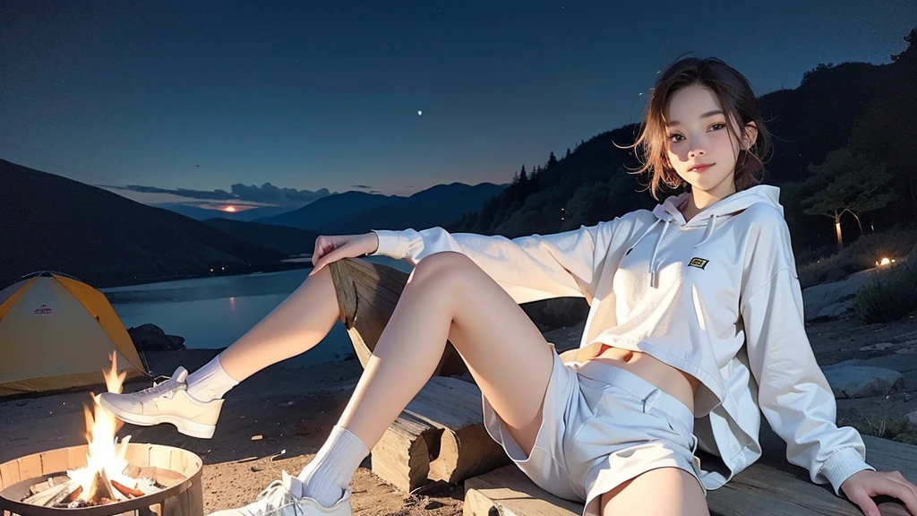 masterpiece, Imagine a ., Short red messy hair, Very white skin, Bright green eyes, freckles, Beautiful teenage girl cam in the mountains sitting on the ground near the campfire, ((Wearing a white hoodie, Wearing very short, tight white shorts)), Hiking shoes, Outdoor, The body is slim, Thin face, Small breasts, belly button, Tent in the background, sitting by the campfire, The body is slim, Narrow waist, Small breasts, Skinny Teen, Thin legs, Colve, Grin, Happy girl, The body is slim and face, clean shot, There is only one campfire in the photo., Nikon Z8 + NIKKOR Z 24-120mm f/4S, (night time, 薄dark照明, dark, night:1.2)