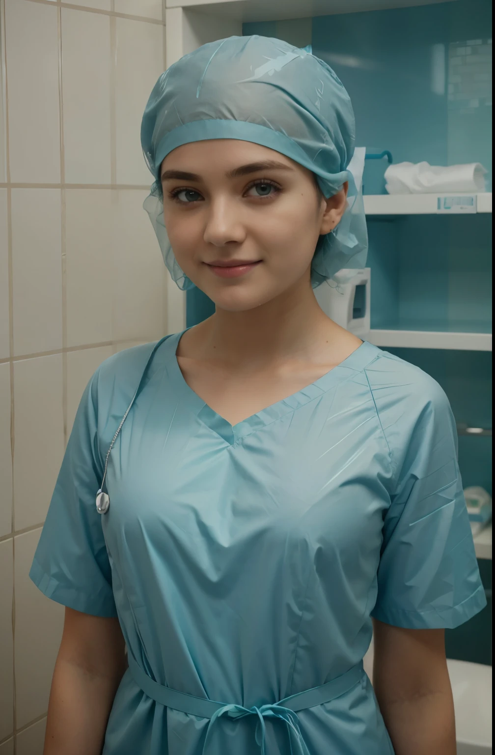 Ultra realistic, Cinematic, scottish ager girl, 13 yanding in medical changing room, beautiful face, big eyes, big smile, detailed face, wears ultra soft and ultra light slight teal patient gown, wears teal surgical scrubs, wide angle , bokeh, all wearing large teal nylon bouffant cap, large teal nylon shower cap, large surgical cap covering hair and ears, short hair fully covered by nylon tissue cap, no hair tails, weaing teal patient gown