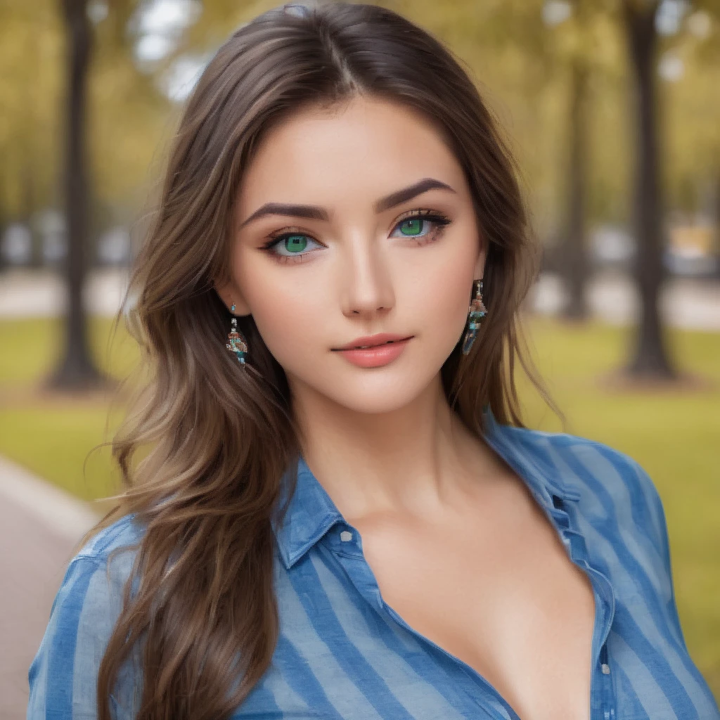 cute beautifull brunette, in a park, full body, Smiling, perfect angle, very detailed, 23 years old, naughty face, messy long hair, green eyes, hight-res, masterpiece, best quality, intricate details, highly detailed, sharp focus, detailed skin, realistic skin texture, texture, detailed eyes, professionnal, 4k, smile, shot on Canon, 85mm, shallow depth of field, kodak vision color, eyeshadow, extremely detailled, photo_(ultra), photorealistic, realistic, post-processing, max detail, roughness, real life, ultra realistic, photorealism, photography, 8k uhd, photography, pokies