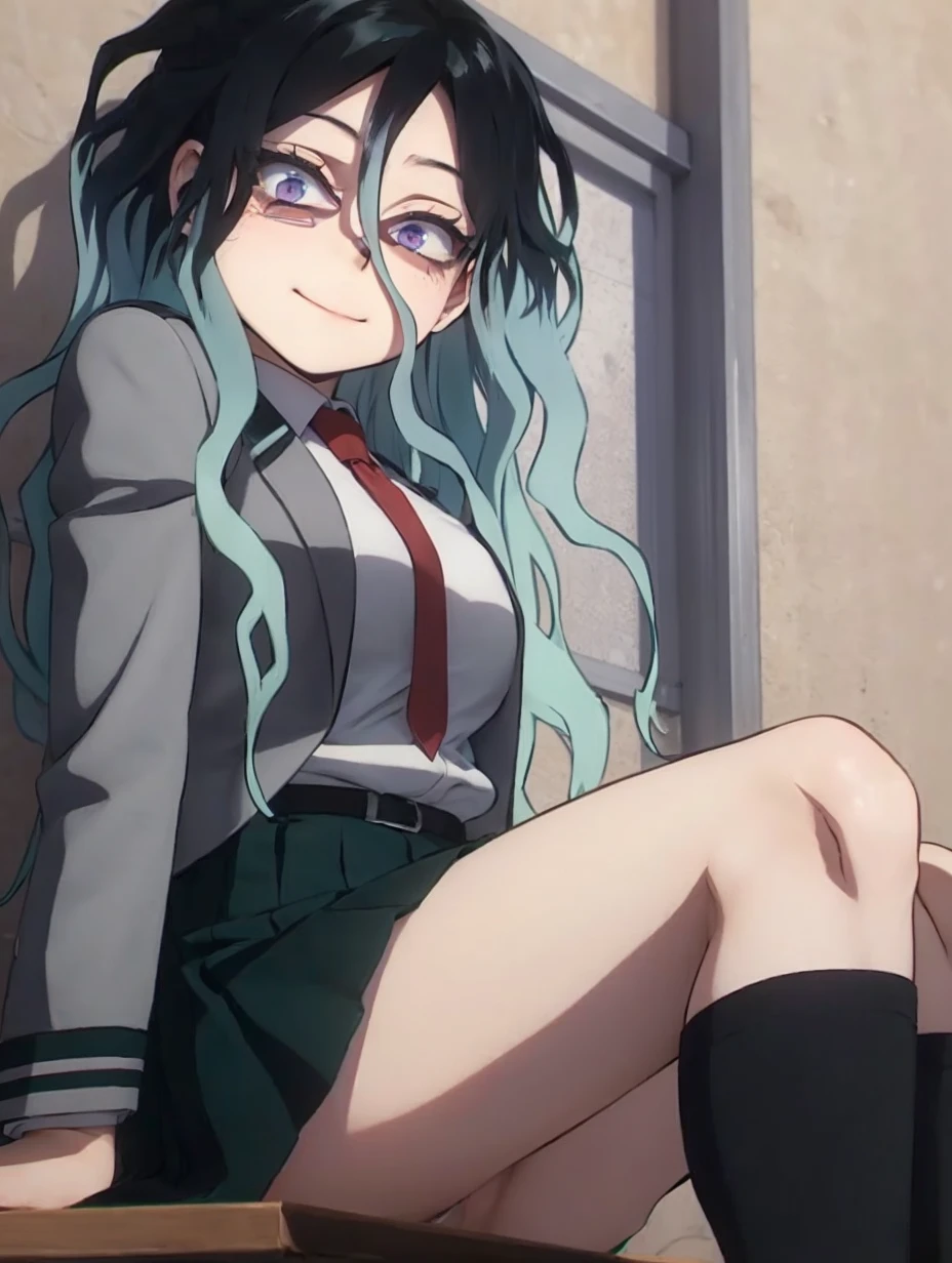 2D character from the anime Boku no hero academia. Screenshot from boku no hero academia of a teenager, (Black hair with mint blue at the ends, long and wavy a little messy) + (Tired expression with dark circles, purple but bright eyes) + she wears a uniform, gray blazer, red tie and green skirt, she is sitting resting her head on her arm, black stockings above the knee, black sneakers, classroom in the background.