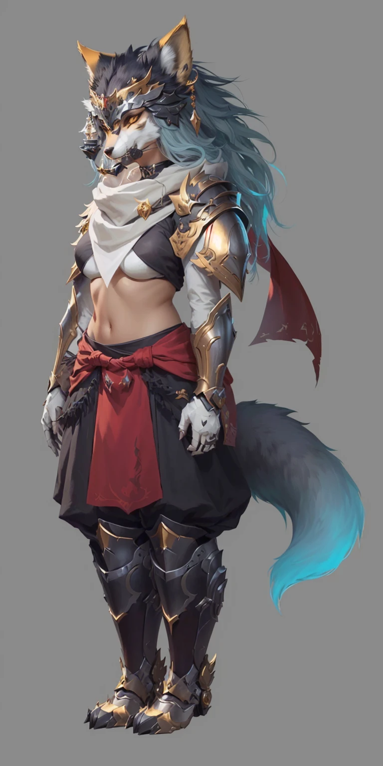 Close-up：A person in costume，A cat is worn on his head, Fox-inspired armor, Whole body concept, Female anthropomorphic wolf, detailed Whole body concept art, detailed Whole body concept, Fox and bush, female rouge assassin, Concept art style, Whole body concept art, role playing game (RPG) concept art character, Onmyoji detailed art