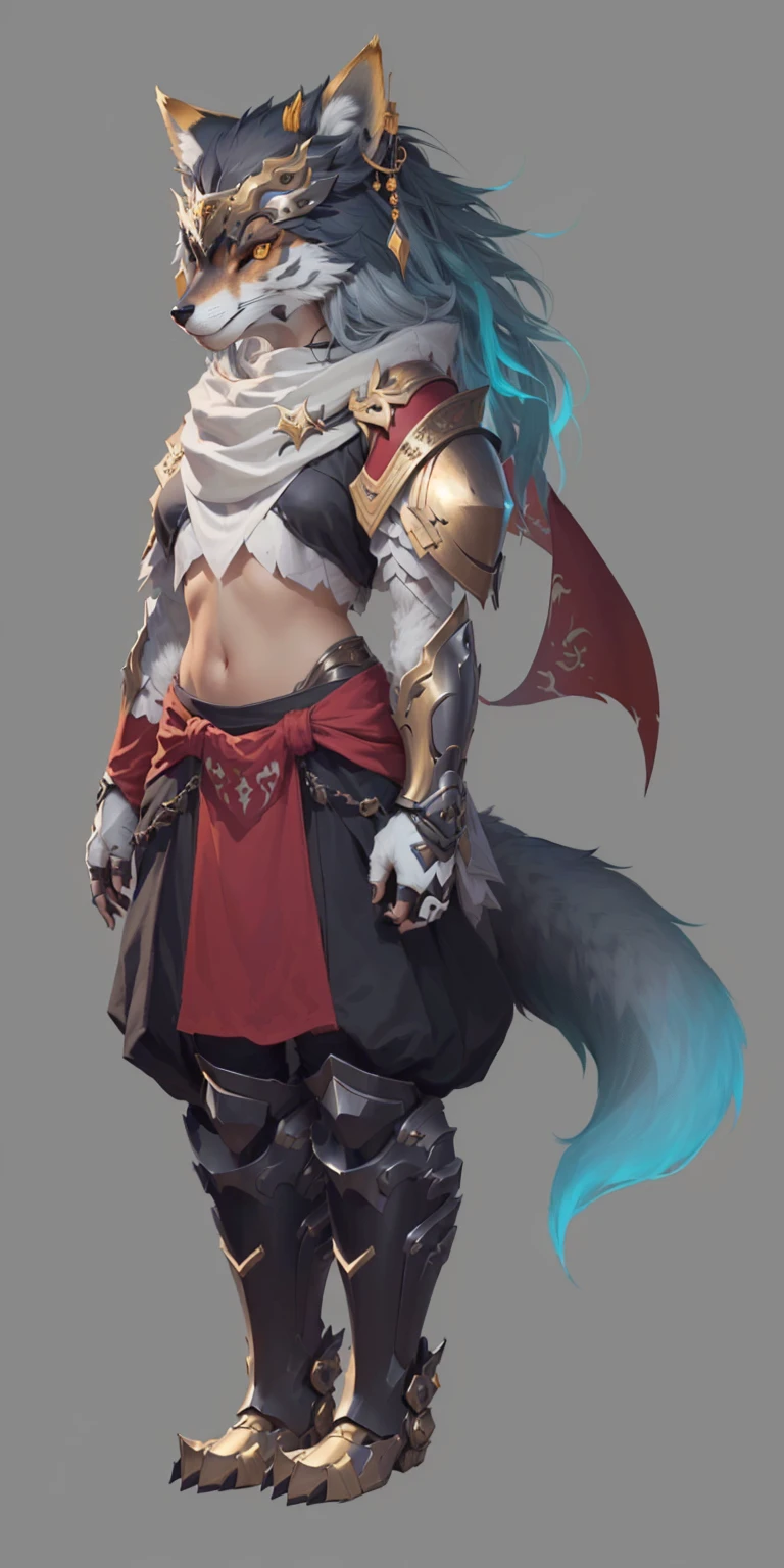 Close-up:A person in costume,A cat is worn on his head, Fox-inspired armor, Whole body concept, Female anthropomorphic wolf, detailed Whole body concept art, detailed Whole body concept, Fox and bush, female rouge assassin, Concept art style, Whole body concept art, role playing game (RPG) concept art character, Onmyoji detailed art