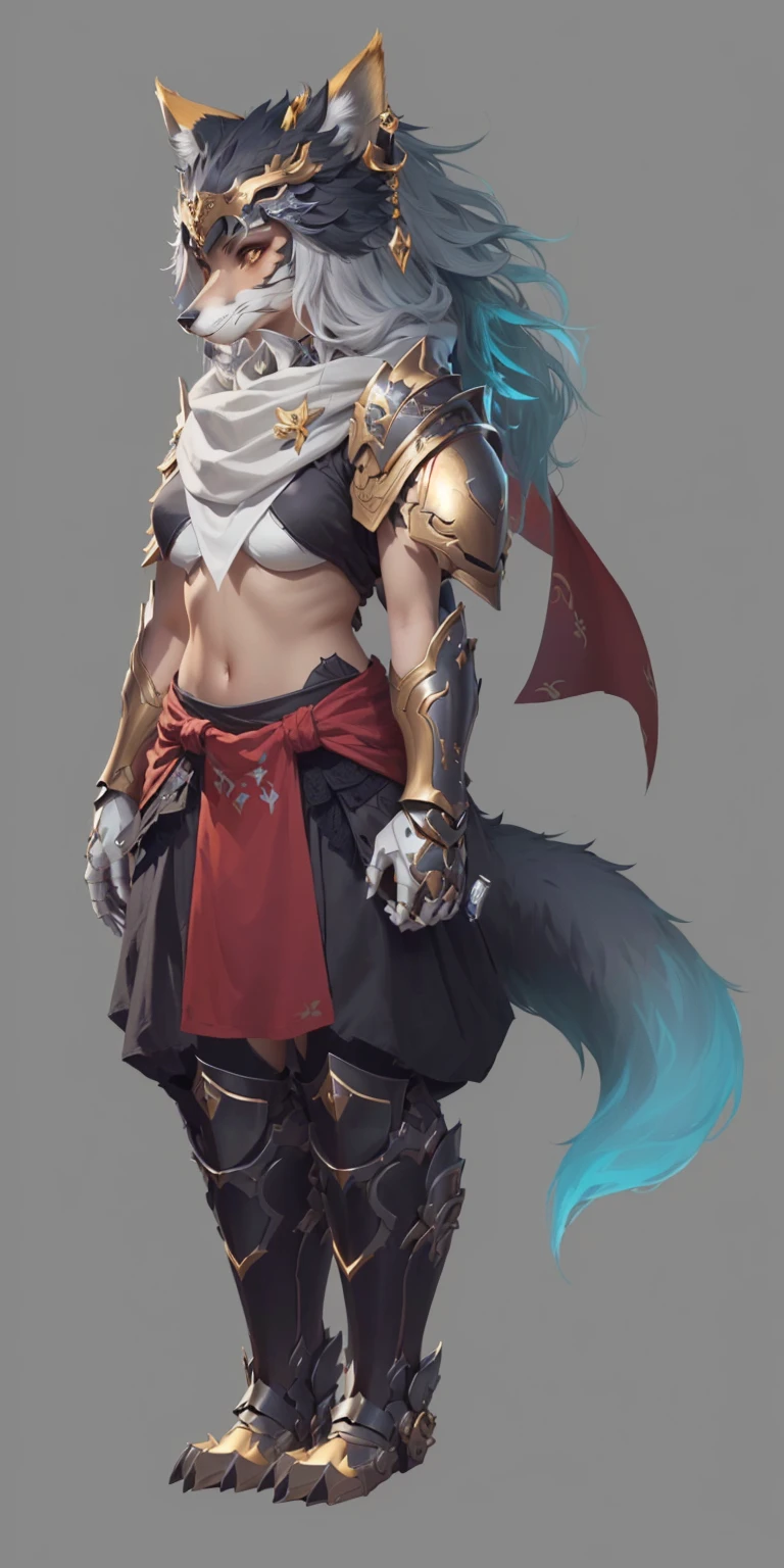 Close-up:A person in costume,A cat is worn on his head, Fox-inspired armor, Whole body concept, Female anthropomorphic wolf, detailed Whole body concept art, detailed Whole body concept, Fox and bush, female rouge assassin, Concept art style, Whole body concept art, role playing game (RPG) concept art character, Onmyoji detailed art