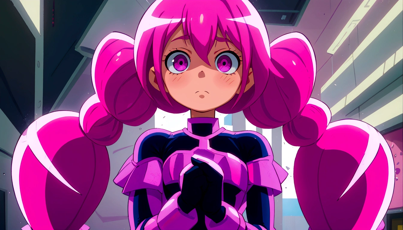 a close up of a person with pink hair and a purple outfit, anime girl named lucy, humanoid pink female squid girl, pink iconic character, shining pink armor, juri misaki, pink twintail hair and cyan eyes, misato katsuragi, black magician girl, streamlined pink armor, with pink hair
