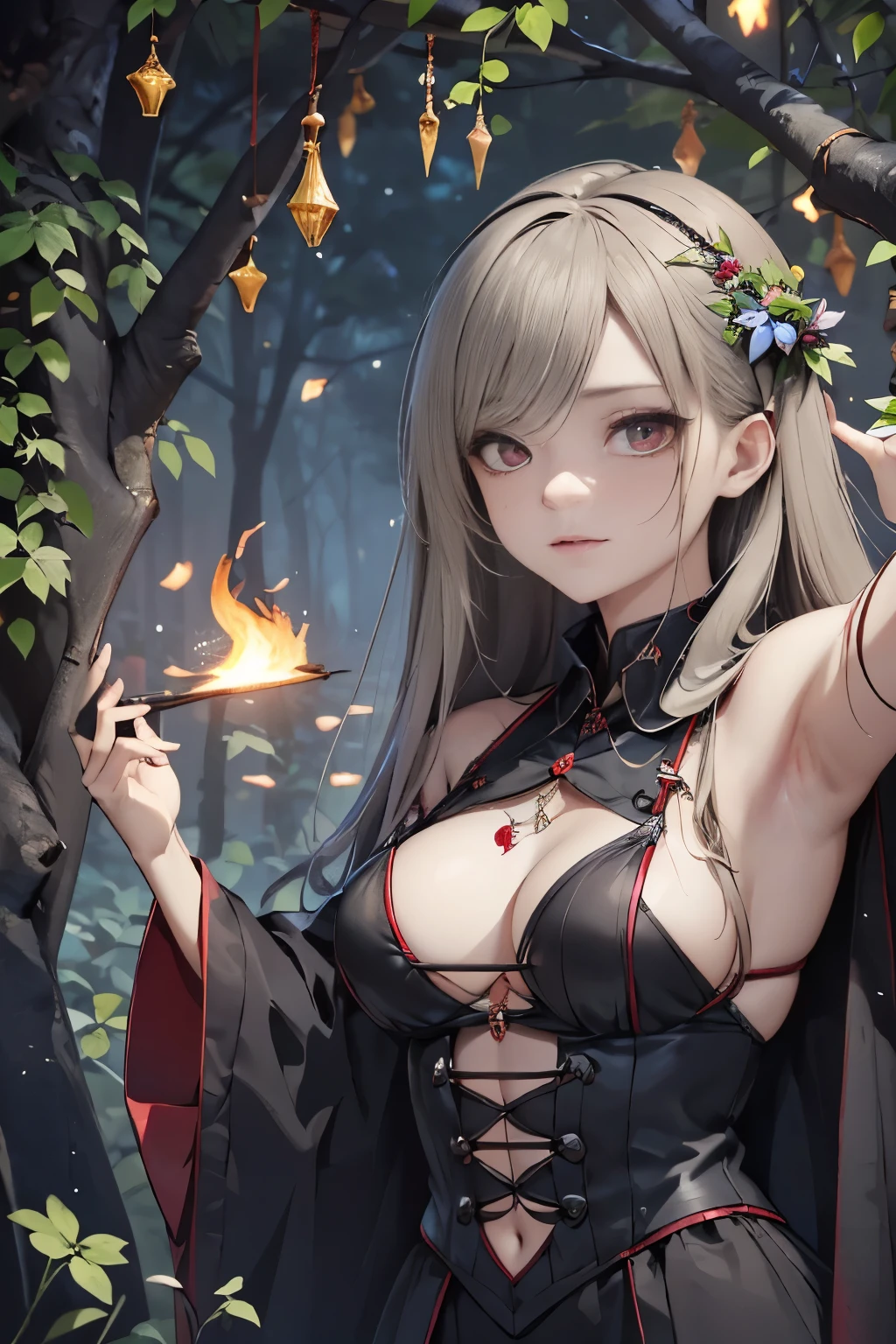 Highest quality, Highest quality, 16K, Unbelievably absurd, Very detailed, 2.5D, delicate and dynamic, Dark Forest, spooky night, Small faint lights and flying fireflies, night, lightning, One, Poisonous spiders, y, Small face, Very delicate faciaessions, Delicate eye depiction, , erotic, spooky, sole beautiful sexy zombiey, Healthy body shape, 22-year-old woman, zombie, Height: 170cm, huge bouncing busts, pointed chest, 中国風zombie, 複雑な構造のzombieの衣装, Bloodyの顔, angerht, The thick branches of the tree entangle my whole body., Spit out flames from the mouth, Set fire to the wood, (The big branches tighten around my body:1.6), Ivy entangles the whole body, Attacking a tree