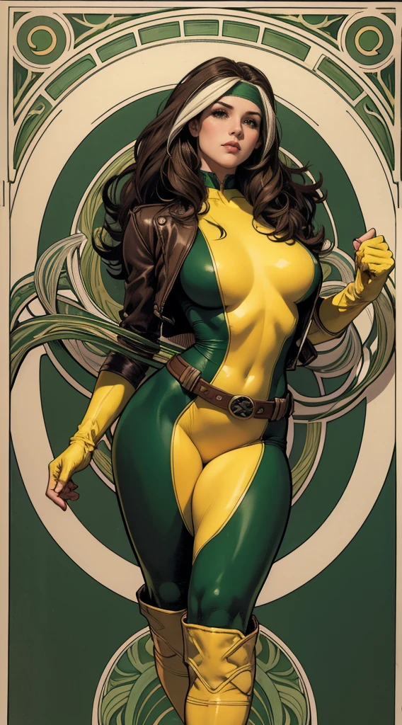 (masterpiece:1.0), (best_quality:1.2), Classic Rogue, 1991 Rogue X-Men, 1 girl, Only 1, full body view, medium length hair, brown hair, wavy hair, messy hair, one lock of white hair, green eyes, mischievous look, smirking, fit figure, curvy figure, medium breasts, lipstick, makeup, jacket, green headband, belt, yellow gloves, skin tight bodysuit, open jacket, light source from above, (realism: 1.5), (Realistic: 1.4), (Absurdity:1.4), 8k, ultra-detailed, Detailed Beautiful Woman, (Art Nouveau style), influence by John William Waterhouse and Alphons Mucha, circles, banners, background colors: green, gold, yellow, white, beige