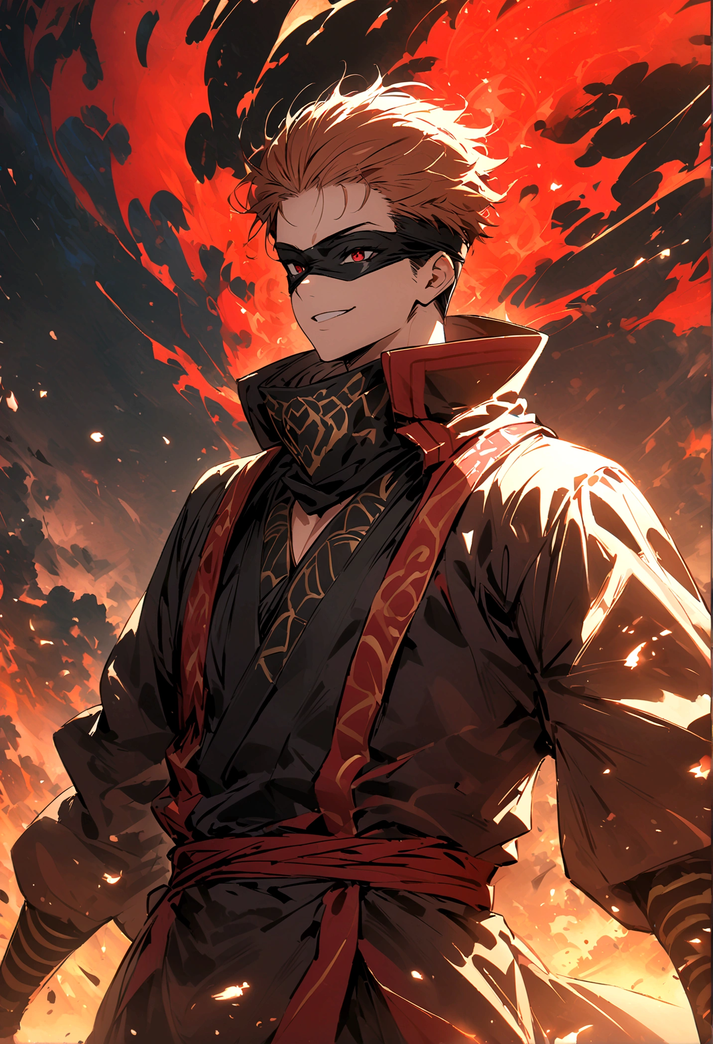 (1 male,sukuna ryoumen,JUJUTSU KAİSEN,black髪),(Ryomen Sukuna Costume Details:black clothes with a high collar,(black blindfold)), (hell)Draw a scene,break,Red eyes:Man&#39;s facial expression&#39;His eyes as he prepares to unleash his special move),break,,Sarcastic smile,,Sukuna is a tall adult male..,Wearing a kimono、Very likeable male characters,Rising Red Energy,Ishida Midori Style,I was impressed by Yoshihiro Togashi.,black, Red as the main color,Intricate details,Wind,wonderfulイラスト作品,Decadent,artwork,Perfect Anatomy,Anatomically correct,,Dynamically,Nice,wonderful,Dark fantasy,Light and Dark,Come here,(masterpiece:1.3),(Highest quality:1.4),(Super detailed:1.5),High resolution,Very detailed,unity 8k wallpaper,Close-up shot