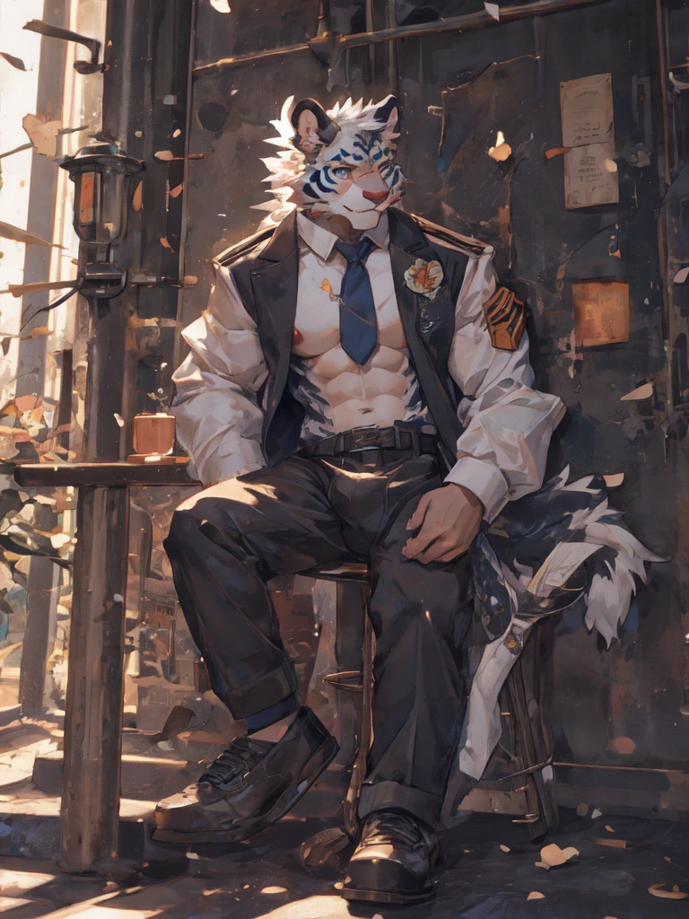 {{bara extremely handsome white tiger,}} {{white fur,}} white, wearing military like purple trench coat, purple trousers, white dress shirt and necktie, white fluffy furry body and limbs, loafers, very tall, very broad shoulders, narrow waist, muscular arms, massive pecs, purple eyes, very long legs, sitting on swivel chair with legs spread, from below perspective, massive bulge, sophisticated hot look, sexy pose, full body, sunlight casting over, 3/4 view, best quality, high quality, silver earring on left ear, sultry smirk