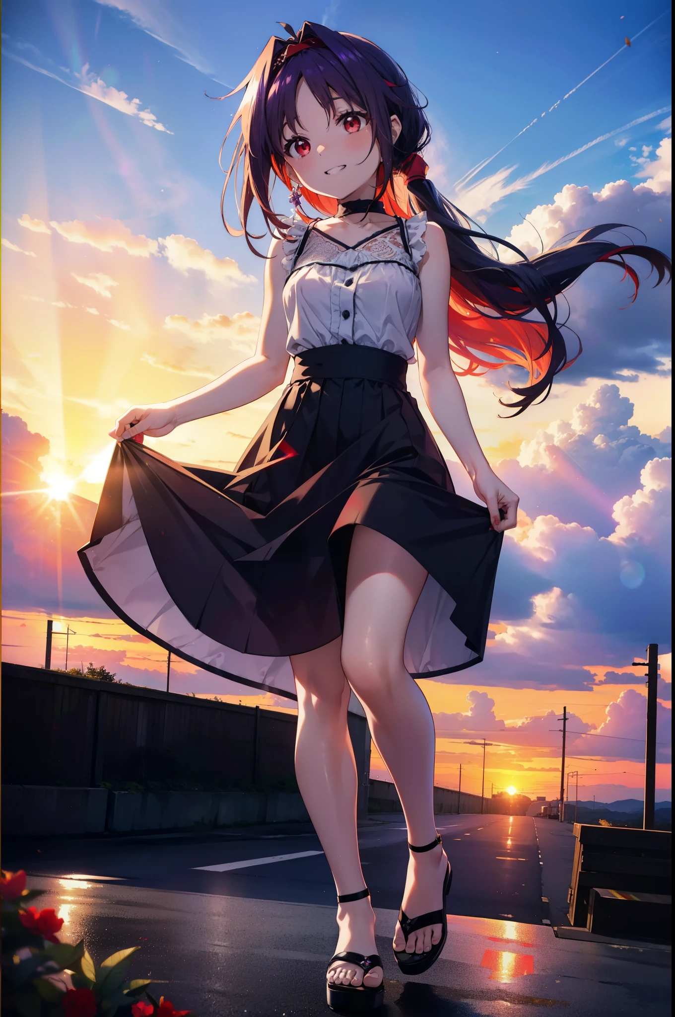 yuukikonno, Konno Yuuki, hair band, Long Hair, Pointed Ears, Purple Hair, (Red eyes:1.5), (Small breasts:1.2),Side Ponytail,smile,Grin,Purple sleeveless dress、Cute Sandals,Put your right hand on your hip,Push-type suitcase,Are standing,Daytime,whole bodyがイラストに入るように, break looking at viewer, whole body, break outdoors,countryside, Residential Street,In town, break (masterpiece:1.2), Highest quality, High resolution, unity 8k wallpaper, (figure:0.8), (Detailed and beautiful eyes:1.6), Highly detailed face, Perfect lighting, Extremely detailed CG, (Perfect hands, Perfect Anatomy),チックなmorning日,morning,Extreme light,