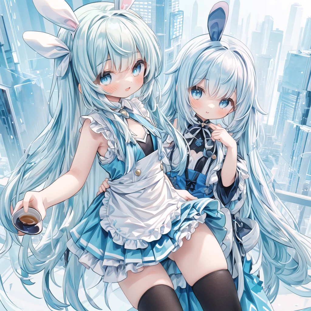 masterpiece, best quality, extremely detailed, (illustration, official art:1.1), 1 girl ,(((( light blue long hair)))), ,(((( light blue long hair)))),light blue hair, , long hair ((blush)) , cute face, big eyes, masterpiece, best quality,(((((a very delicate and beautiful girl))))),Amazing,beautiful detailed eyes,blunt bangs((((little delicate girl)))),tareme(true beautiful:1.2), sense of depth,dynamic angle,,,, affectionate smile, (true beautiful:1.2),,(tiny 1girl model:1.2),)(flat chest), (Alice Wonder land), Cyberpunk, floralpunk elysian maiden,Blue clothes, White apron, , blue eyes, Usagi, Trump, Tea cup, White lace thigh high socks, Miniskirt lift, Half Body, Dynamic pose、Tie your hair with a ribbon、Fantastical、、bunny rabbit
