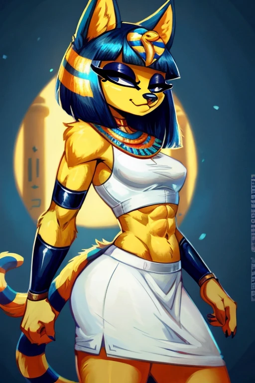 ((best quality)), ((masterpiece)), (detailed), a digital sideview artwork of a long-haired ankha with abs wearing a crop top of her white sleeveless dress with white long skirt, a  midriff and a  navel, ((trending on artstation)), ((4k)), furry, anthro style, 2d style, smug face,blue Egyptian handbands