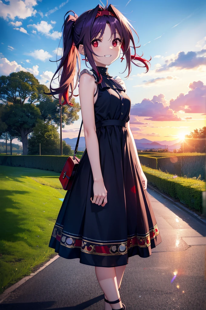 yuukikonno, Konno Yuuki, hair band, Long Hair, Pointed Ears, Purple Hair, (Red eyes:1.5), (Small breasts:1.2),Side Ponytail,smile,Grin,Purple sleeveless dress、Cute Sandals,Put your right hand on your hip,Push-type suitcase,Are standing,Daytime,whole bodyがイラストに入るように, break looking at viewer, whole body, break outdoors,countryside, Residential Street,In town, break (masterpiece:1.2), Highest quality, High resolution, unity 8k wallpaper, (figure:0.8), (Detailed and beautiful eyes:1.6), Highly detailed face, Perfect lighting, Extremely detailed CG, (Perfect hands, Perfect Anatomy),チックなmorning日,morning,Extreme light,