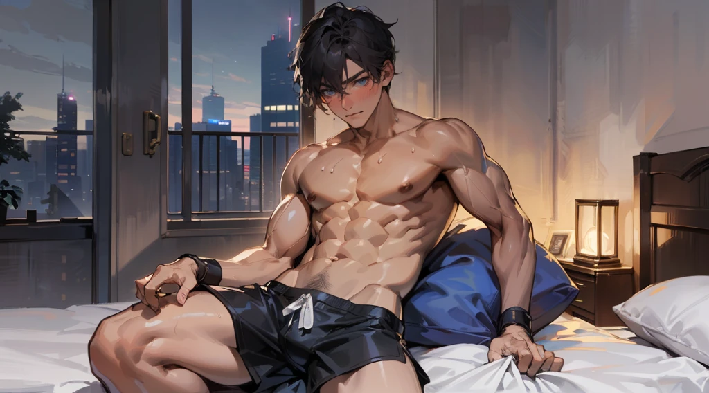  (masterpiece:1.2), best quality, high resolution, Unity 8K wallpaper, (illustration:0.8), (Beautiful and delicate eyes:1.6), Extremely detailed face, Perfect lighting, Extremely detailed CG, (Perfect hands, Perfect anatomical structure), (absurdes, high resolution, Extremely detailed), masterpiece, best quality, ((Mature and handsome man)), Blushing smile,muscular, handsome guy, Big biceps, Abdominal muscles, thigh, Broad shoulders, Open the chest,, Black short hair,sweat, Shirtless,