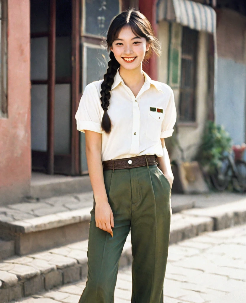 Sweet beautiful 17 years old girl with the hair is braid, proportional body, beautiful face with close mouth smile, wearing vintage off white short sleeves shirt paired with long army gree trousers, standing in small town in china 1970s.