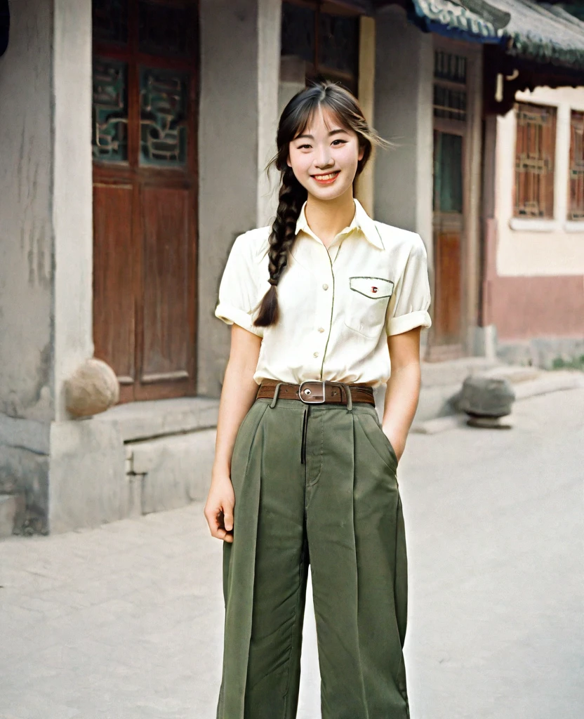 Sweet beautiful  girl with the hair is braid, proportional body, beautiful face with close mouth smile, wearing vintage off white short sleeves shirt paired with long army gree trousers, standing in small town in china 1970s. 