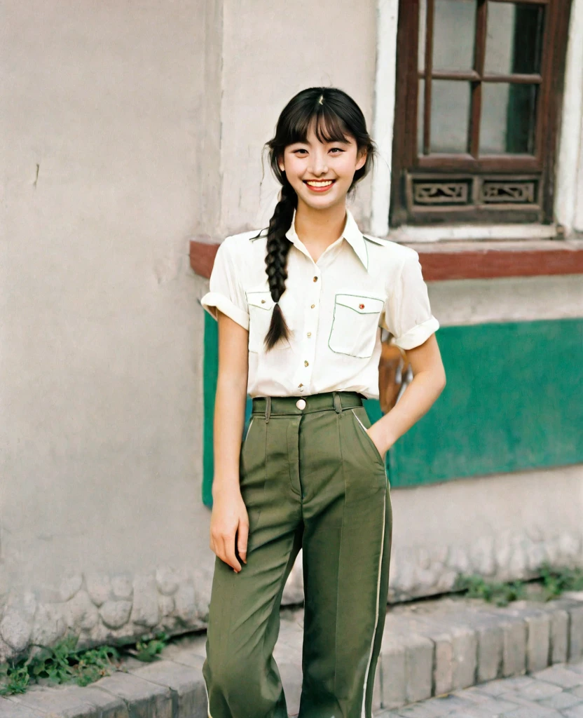 Sweet beautiful 17 years old girl with the hair is braid, proportional body, beautiful face with close mouth smile, wearing vintage off white short sleeves shirt paired with long army gree trousers, standing in small town in china 1970s.