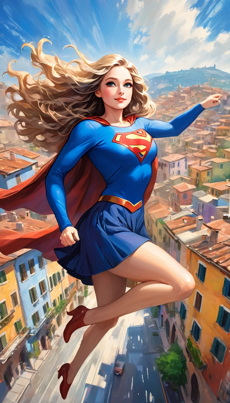 a beautiful supergirl flying over a picturesque italian city, oil painting, high detailed face, long wavy hair, dynamic pose, blue sky, cityscape with colorful buildings, vintage style, rich colors, dramatic lighting, impressionistic brushstrokes, masterpiece, ultra-detailed, 8k, hyperrealistic
