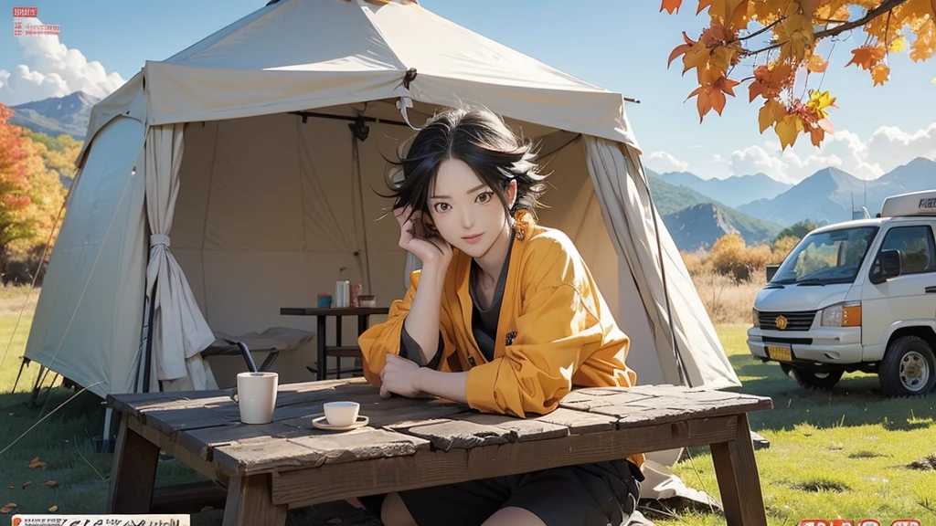 (Manga Magazine - Shonen Jump: 1.5), Lots of characters, camp, In the mountains, red, yellow, Green Autumn Leaves Location: 1.3, Beautiful woman with symmetrical features and perfect body: 1.4, Beautiful woman with perfect beautiful body: 1.4, Futuristic Camper with a rounded design: 1.3, Japanese, Drinking coffee at a simple table, Dog in the background, Outdoor, Camper, Multi-person camp, Teepee, Amazing bonfire: 1.5, Chatting, , Movie-style composition to enjoy camp, it's fun、i am here, smile, Very cute face and cute, Hide your hands, Best image quality, 8K, Tabletop, Best image quality, Super Resolution, 8K Portrait, Wallpapers by Unity 8K, 8K Portrait, Watercolor, Tabletop, Stylish design, trend, State - Cutting Edge,
,Facial features are carefully depicted,Realistic skin texture,Dark Style,Depth of written boundary,High Beam,Real Light,Streak Trace,OC Rendering,Surreal,Highest quality,8K,Masterpieces,Ultra-fine,Correct Anatomy,Sharp focus on the eyes,Bokeh,Facial features are carefully depicted
