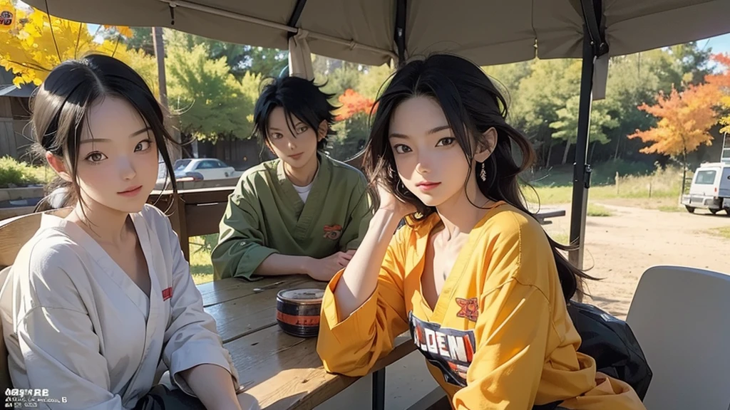 (Manga Magazine - Shonen Jump: 1.5), Lots of characters, camp, In the mountains, red, yellow, Green Autumn Leaves Location: 1.3, Beautiful woman with symmetrical features and perfect body: 1.4, Beautiful woman with perfect beautiful body: 1.4, Futuristic Camper with a rounded design: 1.3, Japanese, Drinking coffee at a simple table, Dog in the background, Outdoor, Camper, Multi-person camp, Teepee, Amazing bonfire: 1.5, Chatting, , Movie-style composition to enjoy camp, it's fun、i am here, smile, Very cute face and cute, Hide your hands, Best image quality, 8K, Tabletop, Best image quality, Super Resolution, 8K Portrait, Wallpapers by Unity 8K, 8K Portrait, Watercolor, Tabletop, Stylish design, trend, State - Cutting Edge,
,Facial features are carefully depicted,Realistic skin texture,Dark Style,Depth of written boundary,High Beam,Real Light,Streak Trace,OC Rendering,Surreal,Highest quality,8K,Masterpieces,Ultra-fine,Correct Anatomy,Sharp focus on the eyes,Bokeh,Facial features are carefully depicted