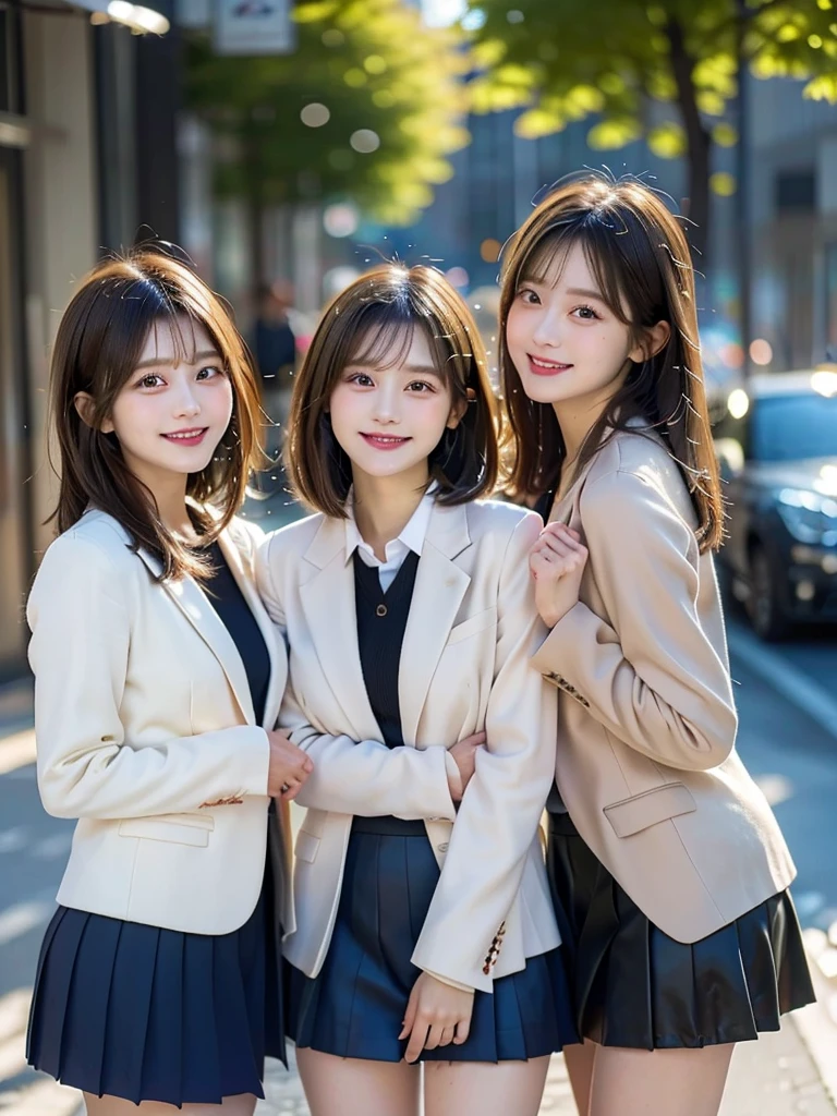 Three Beauties,3 girls,mini skirt,Wearing a uniform,blazer,smile