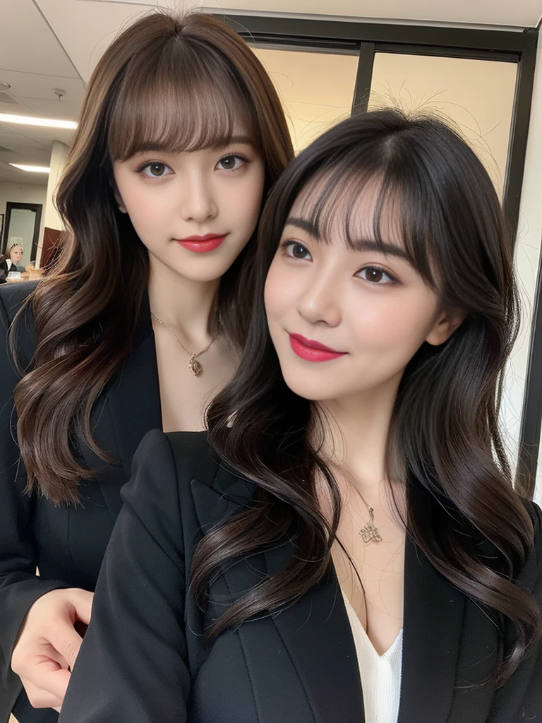 Highest quality、Super detailed、4K、Japanese、Captivating beauty、Attractive adult woman、One pretty woman、Cool girl、evil女、brainwashingされた、brainwashing、Fallen into evil、Grin、邪evilな表情、邪evilな笑顔、evil、Brown Hair、Wavy Hair、Swept-apart bangs、Heavy makeup、Heavy makeup、Sharp Eye、Hollow Eyes,Half-closed eyes、Hollow Eyes、purple eye shadow、Black lipstick、Black lip gloss、suit、Black jacket、blouse、Black tight skirt、night、In the office、Have lipstick