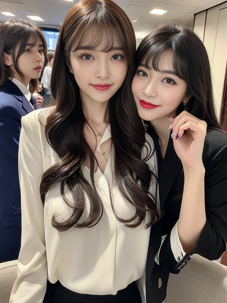 Highest quality、Super detailed、4K、Japanese、Captivating beauty、Attractive adult woman、One pretty woman、Cool girl、evil女、brainwashingされた、brainwashing、Fallen into evil、Grin、邪evilな表情、邪evilな笑顔、evil、Brown Hair、Wavy Hair、Swept-apart bangs、Heavy makeup、Heavy makeup、Sharp Eye、Hollow Eyes,Half-closed eyes、Hollow Eyes、purple eye shadow、Black lipstick、Black lip gloss、suit、Black jacket、blouse、Black tight skirt、night、In the office、Have lipstick
