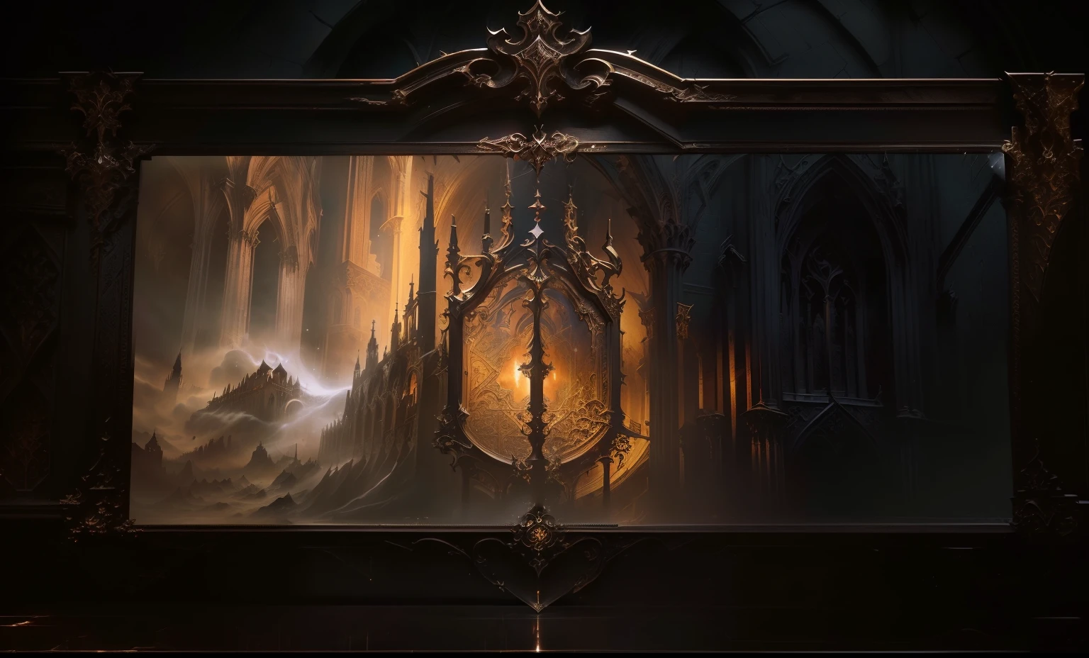 there is a large picture frame with a picture on it, cathedral background, ornate borders + concept art, grimoire page, alchemist library background, loadscreen, dungeon background, loadscreen”, splash screen art, loading screen, stunning arcanum backdrop, complete darkness background, 8 k hd wallpaperjpeg artifact, 8k hd wallpaperjpeg artifact