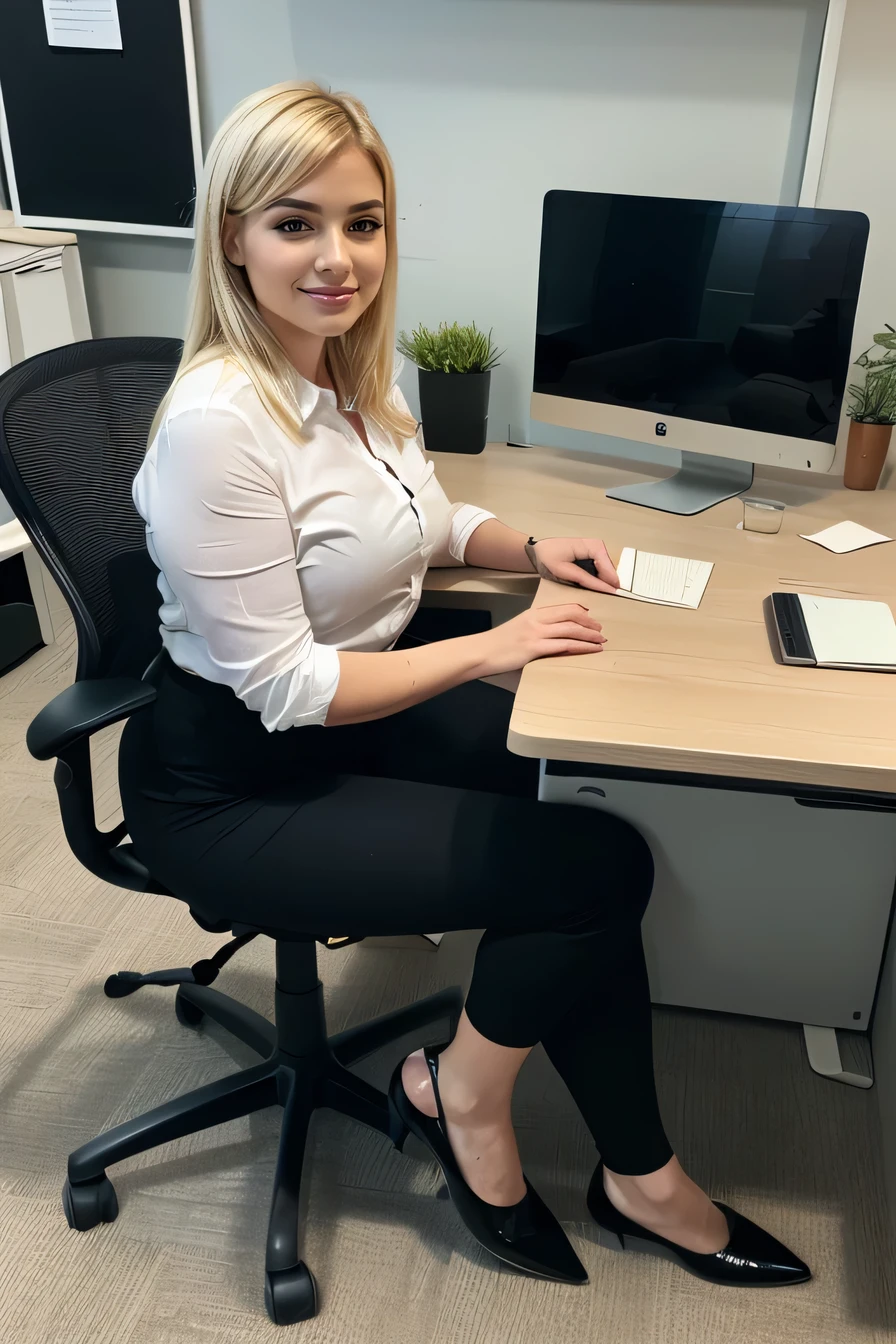 high quality,16K:1.1),((, German woman sitting in an office chair, 、Blonde Hair、((Office Lady Suits、Pants Style)), tights,,、 Curvy,(View your audience:1.3),(Full Body Shot:1.2),(Background is Office 1.2),