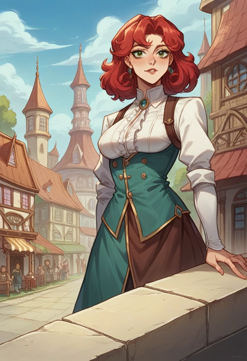 (high quality, 8k, 4K, high contrast, artwork:1.2, high quality, best aesthetics), (centralized), ((1 woman)), erotic, sensual, mature body, super detailed, beautiful face detailed, beautiful eyes detailed, detailed beautiful mouth, perfect breats, perfect wide thighs, (red hair), (long red hair), (messy red hair), (green eyes), (light green pupils), (gentle calm expression), (piercing gaze), (looking at viewer), (sexy cowgirl outfits), (western clothes), (old west), (standing), (front view)