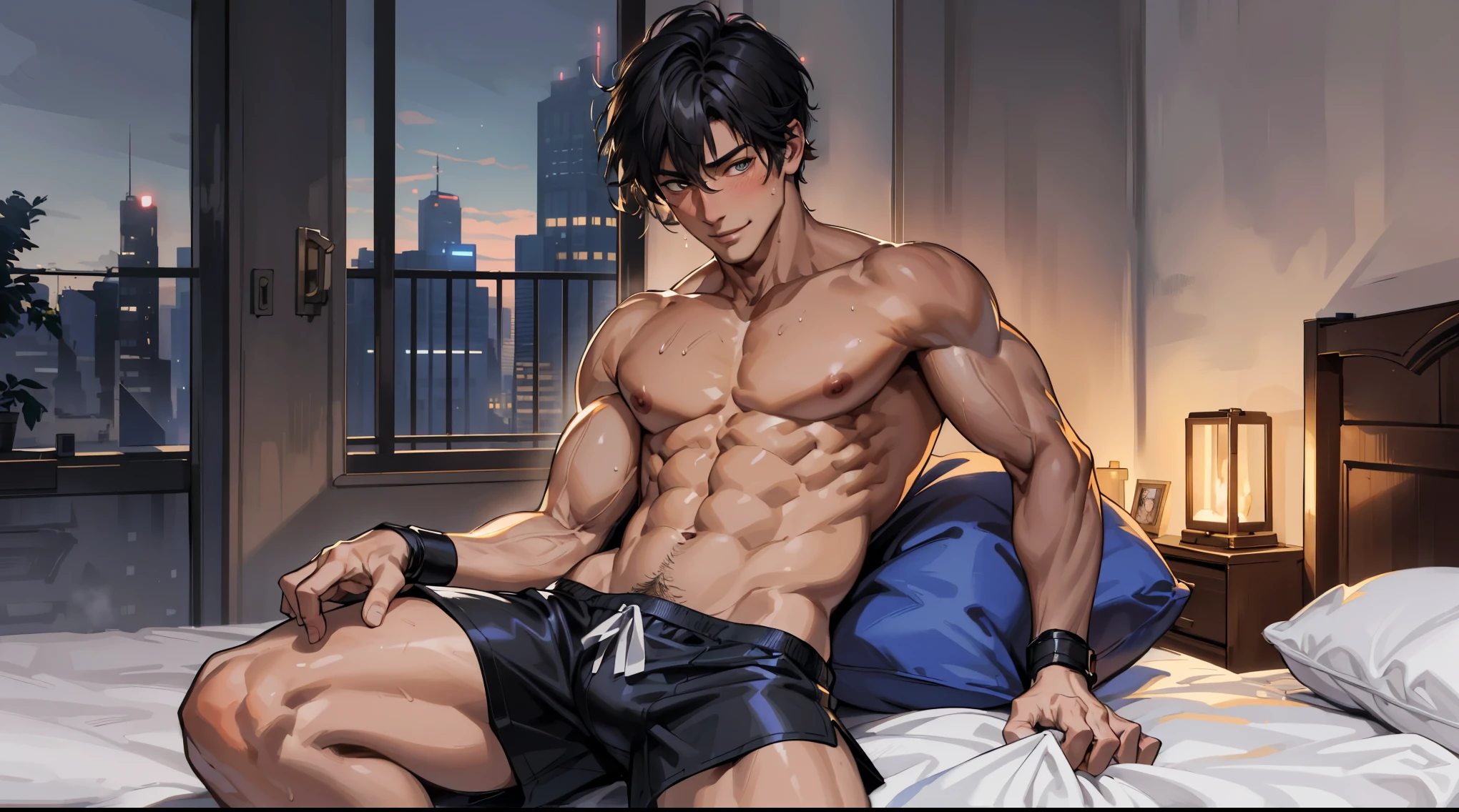 (absurd, high resolution, Extremely detailed), masterpiece, best quality, ((Mature and handsome man)), Blushing smile,muscular, handsome guy, Big biceps, Abdominal muscles, thigh, Broad shoulders, Open the chest,, Black short hair,sweat, Shirtless,