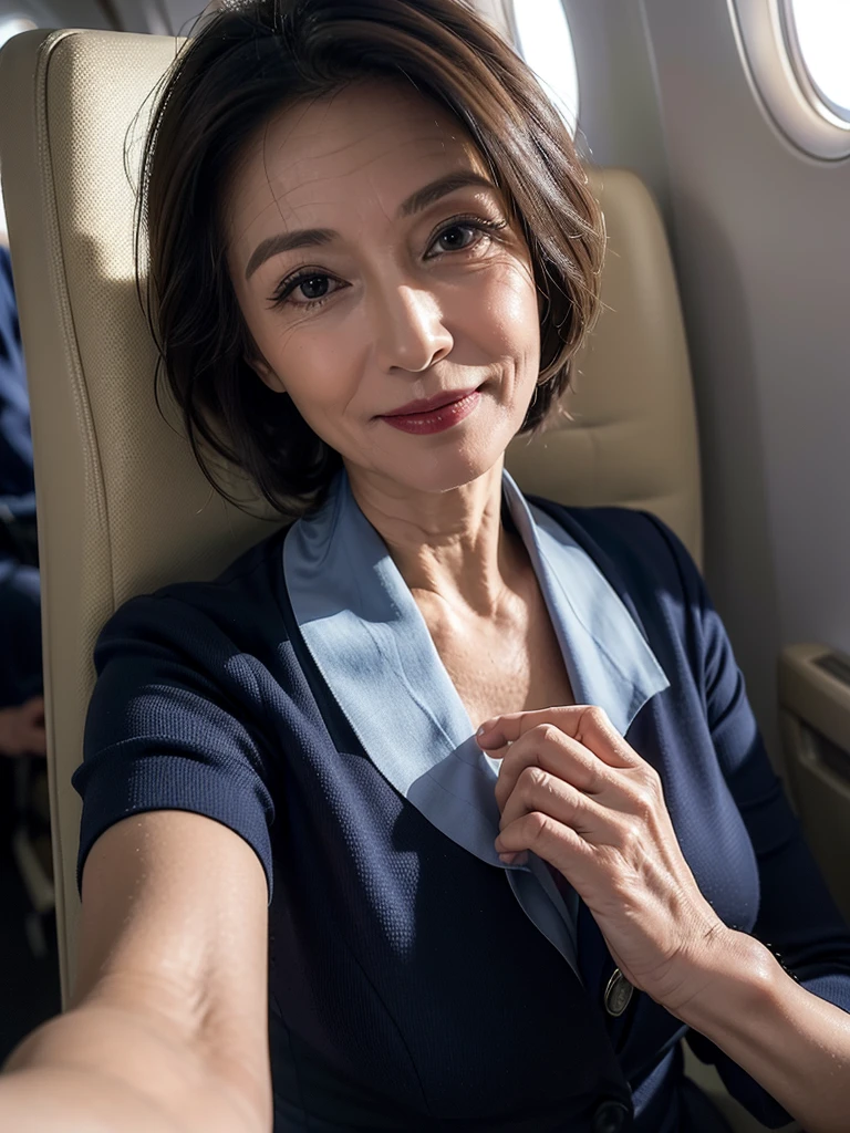 (masterpiece:1.4),(68-year-old woman:1.5),(facial wrinkles 1.2),A kind smile,maternal,Mature Woman, flight attendant, on a plane,