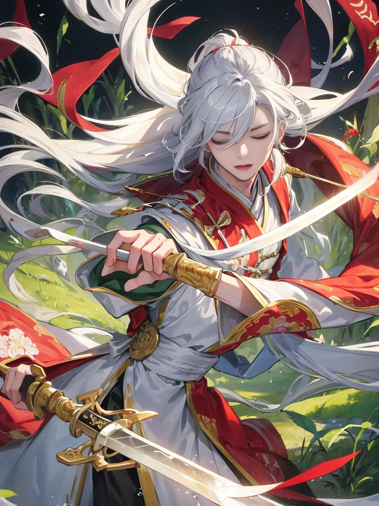 ((Official Art,masterpiece)):0.9,Clear focus,1 boy,Chinese style,There are patterns on the clothes,Oriental Fantasy,White robe,Long white hair,indifferent,Heat and cold,Male God,Long sword at waist,bamboo forest,Cool colors,gloom,Long black hair fluttering in the wind,Hair Bunch,Sword eyebrows,Close your eyes。