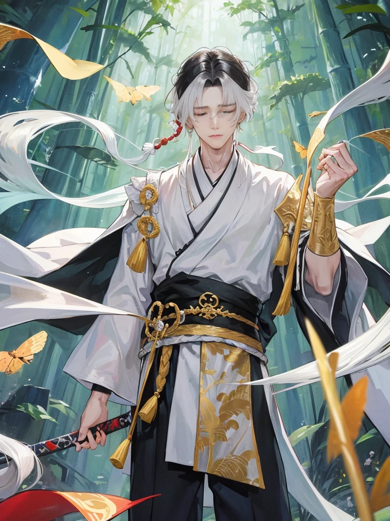 ((Official Art,masterpiece)):0.9,Clear focus,1 boy,Chinese style,There are patterns on the clothes,Oriental Fantasy,White robe,Long white hair,indifferent,Heat and cold,Male God,Long sword at waist,bamboo forest,Cool colors,gloom,Long black hair fluttering in the wind,Hair Bunch,Sword eyebrows,Close your eyes。